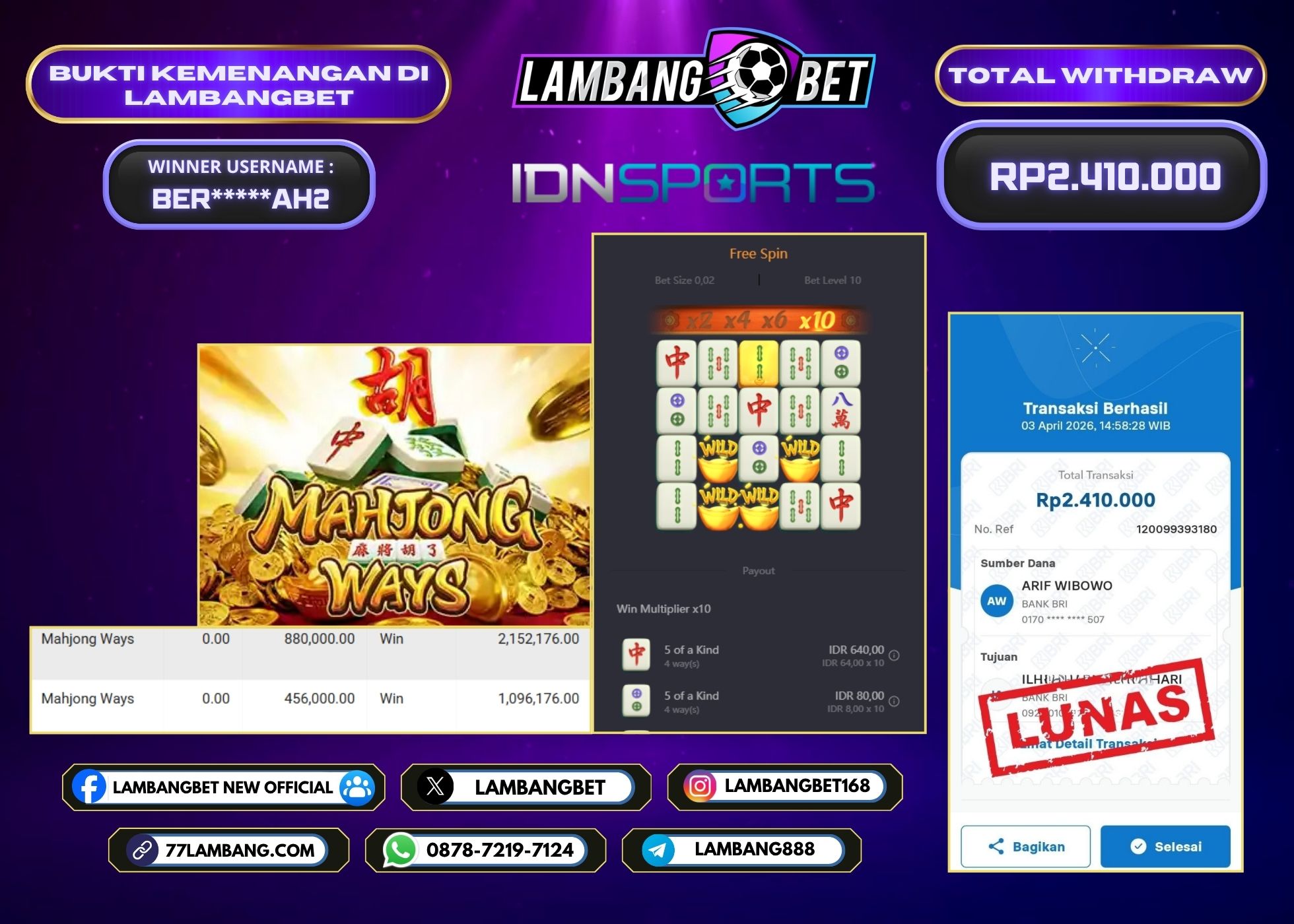 LAMBANGBET [3 APRIL 2026] JACKPOT SLOT Mahjong Ways "Rp2.410.000" LUNAS