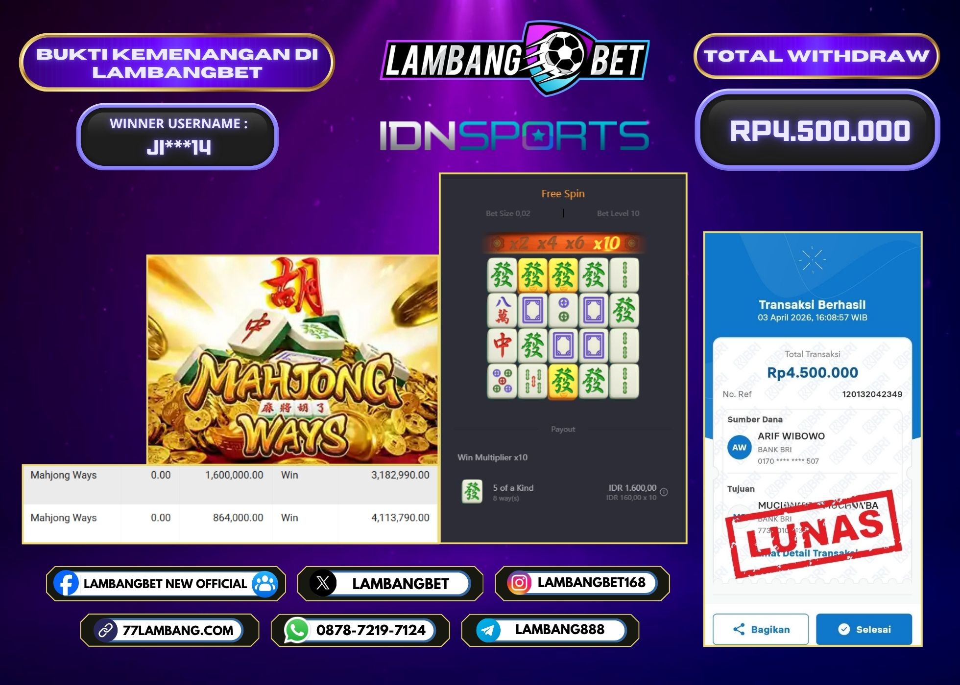 LAMBANGBET [3 APRIL 2026] JACKPOT SLOT Mahjong Ways "Rp4.500.000" LUNAS