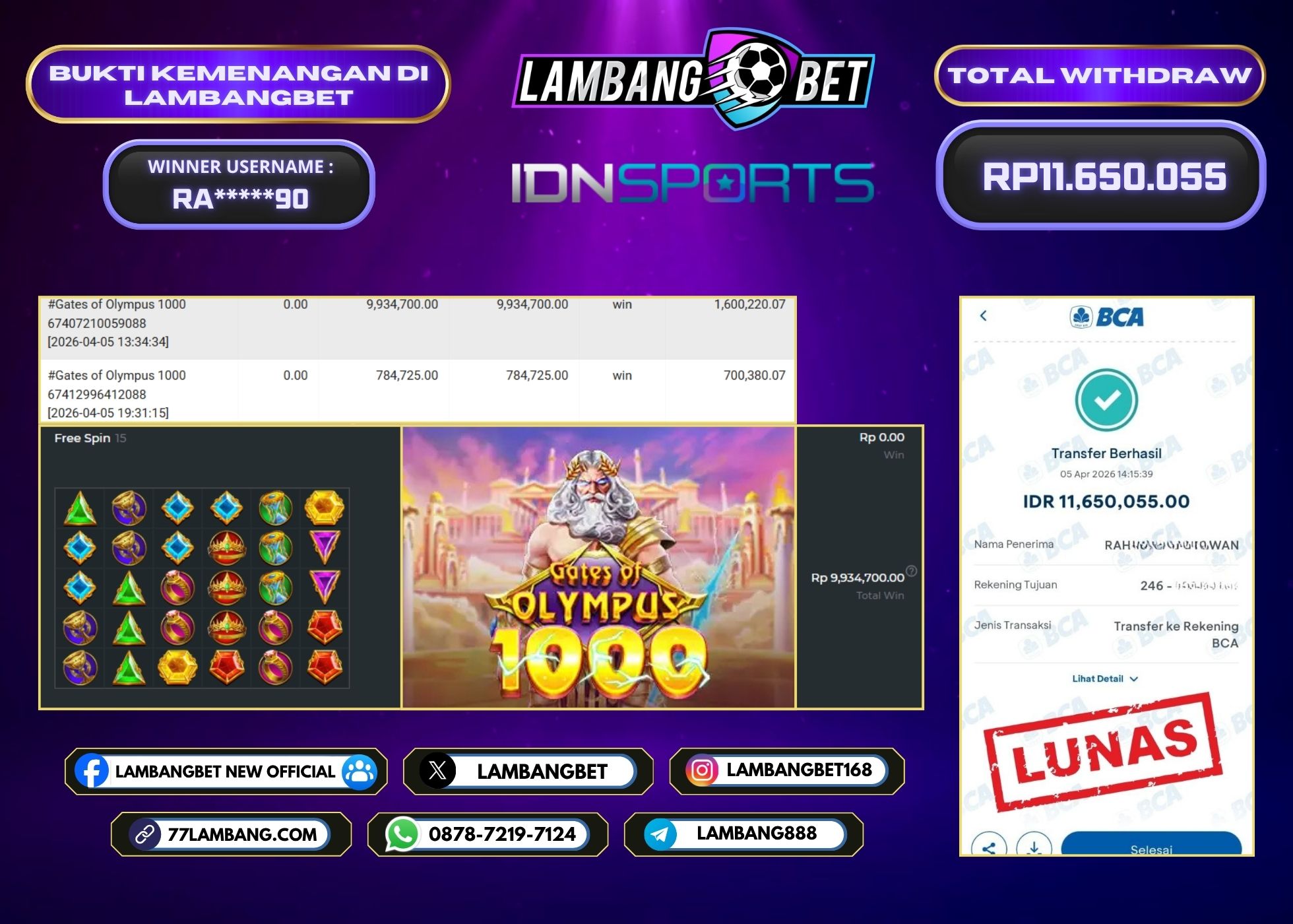 LAMBANGBET [5 APRIL 2026] JACKPOT SLOT Gates of Olympus 1000 "Rp11.650.055" LUNAS