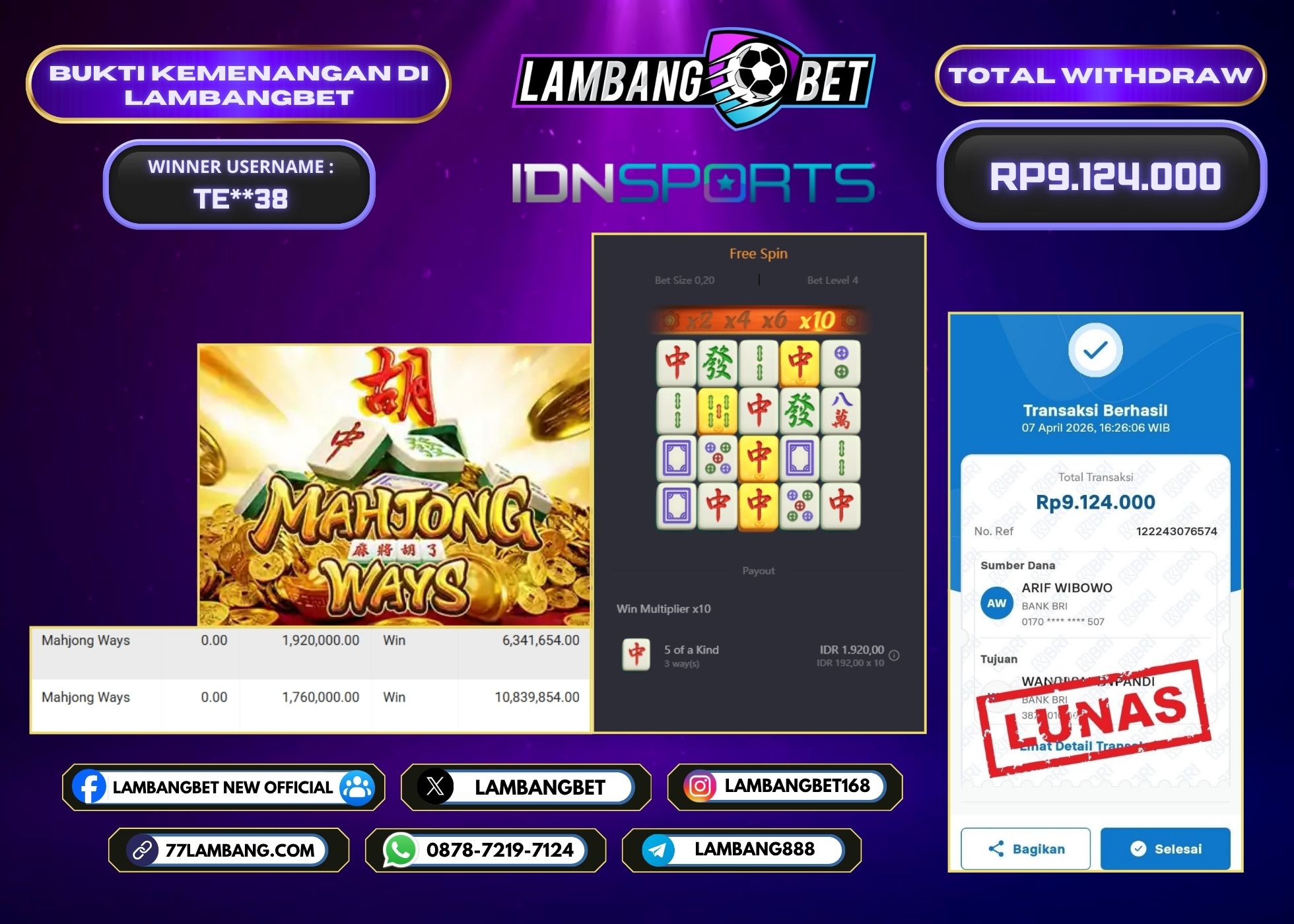 LAMBANGBET [7 APRIL 2026] JACKPOT SLOT Mahjong Ways "Rp9.124.000" LUNAS