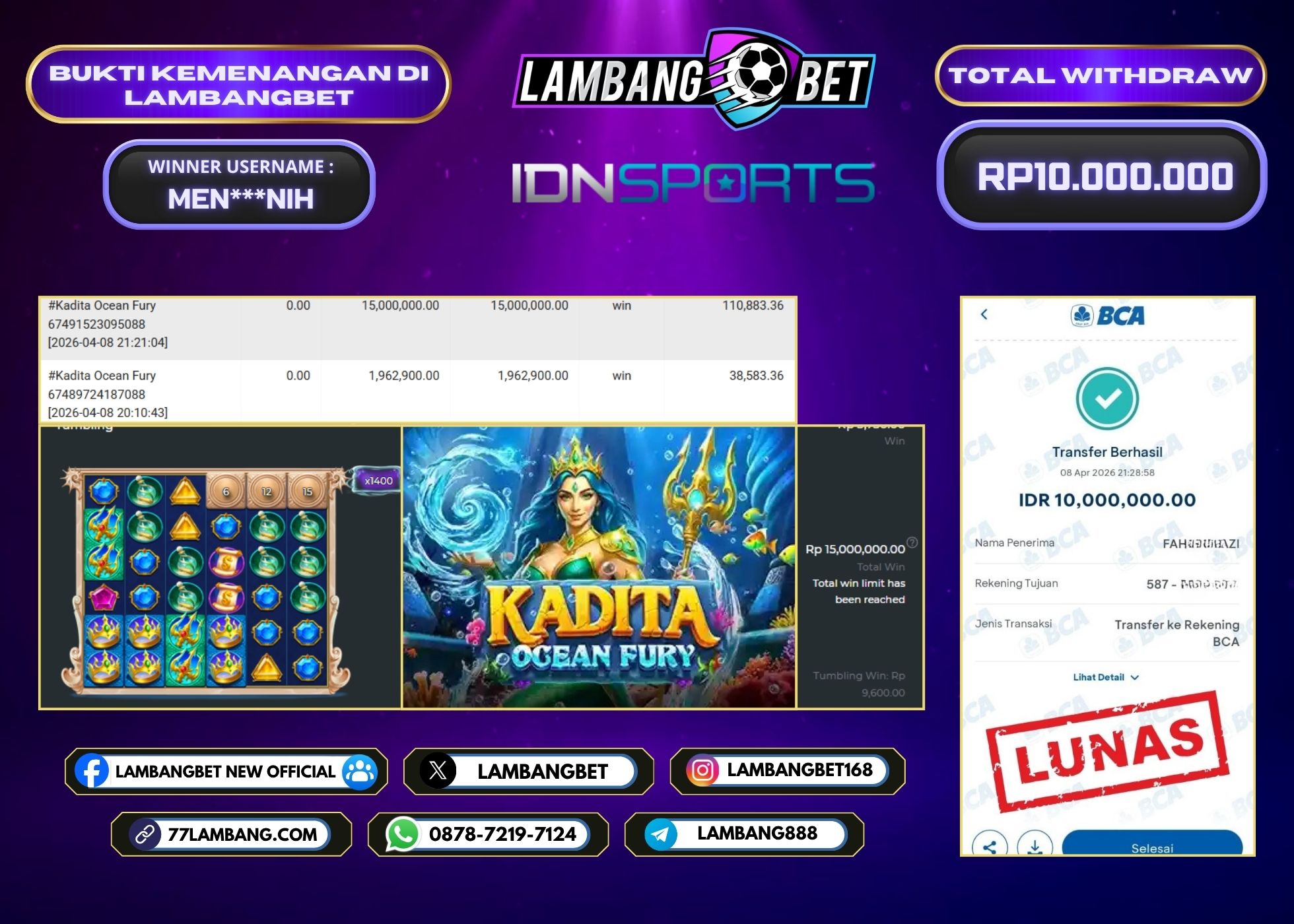 LAMBANGBET [8 APRIL 2026] JACKPOT SLOT Kadita Ocean Fury "Rp10.000.000" LUNAS
