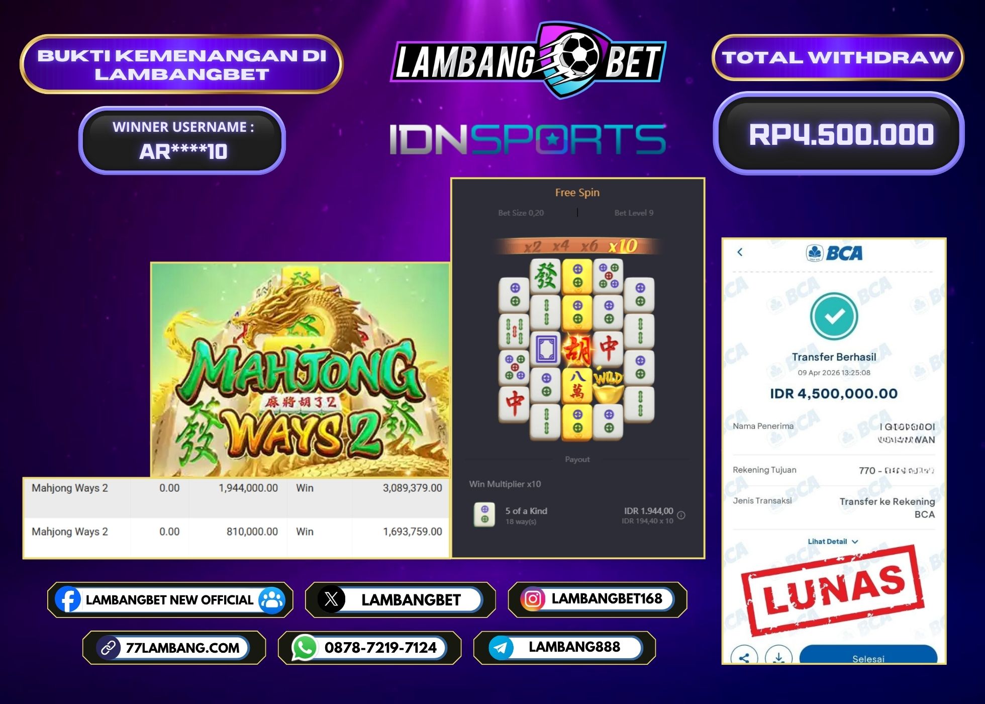 LAMBANGBET [9 APRIL 2026] JACKPOT SLOT Mahjong Ways 2 "Rp4.500.000" LUNAS