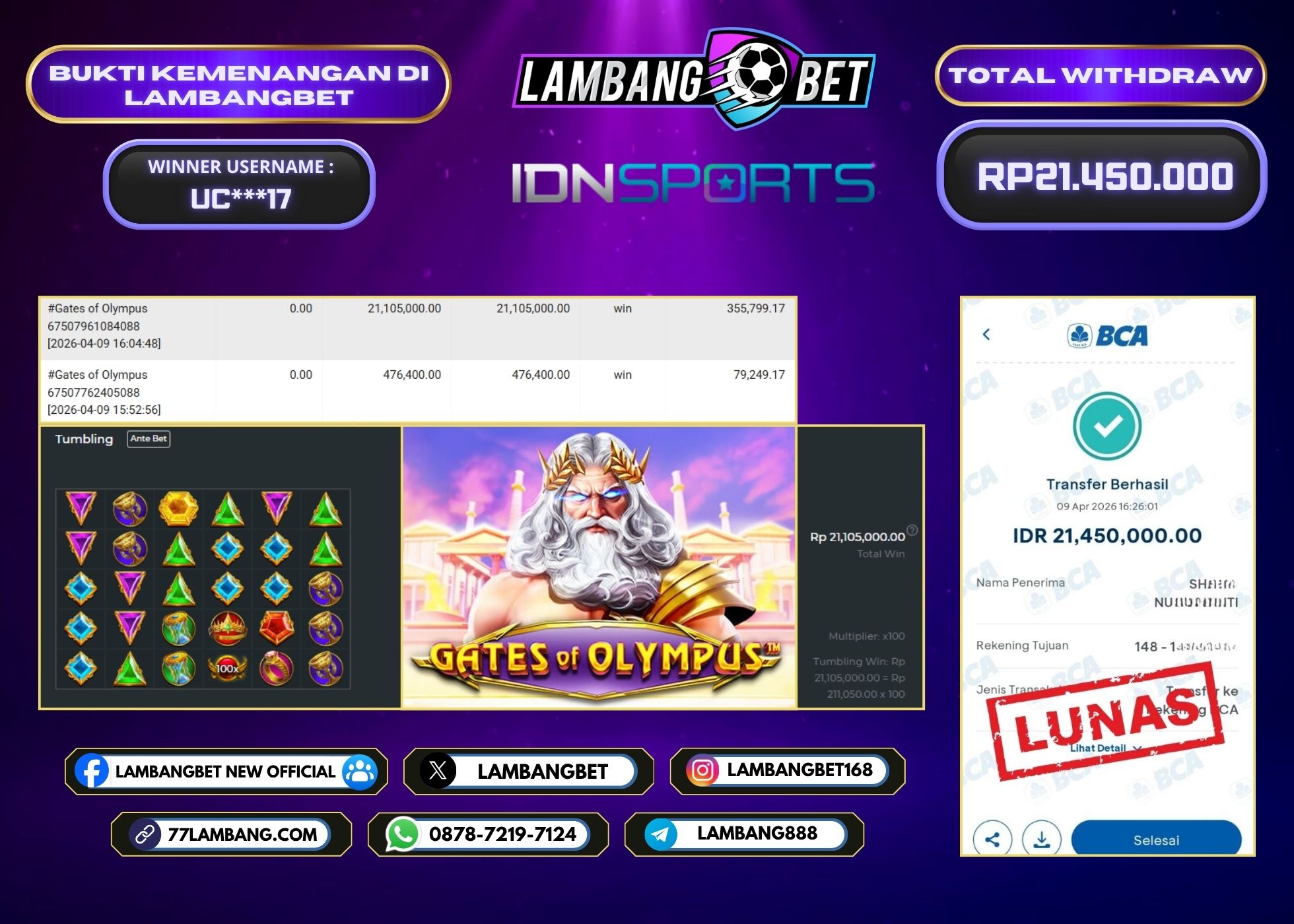 LAMBANGBET [9 APRIL 2026] JACKPOT SLOT Gates of Olympus "Rp21.450.000" LUNAS