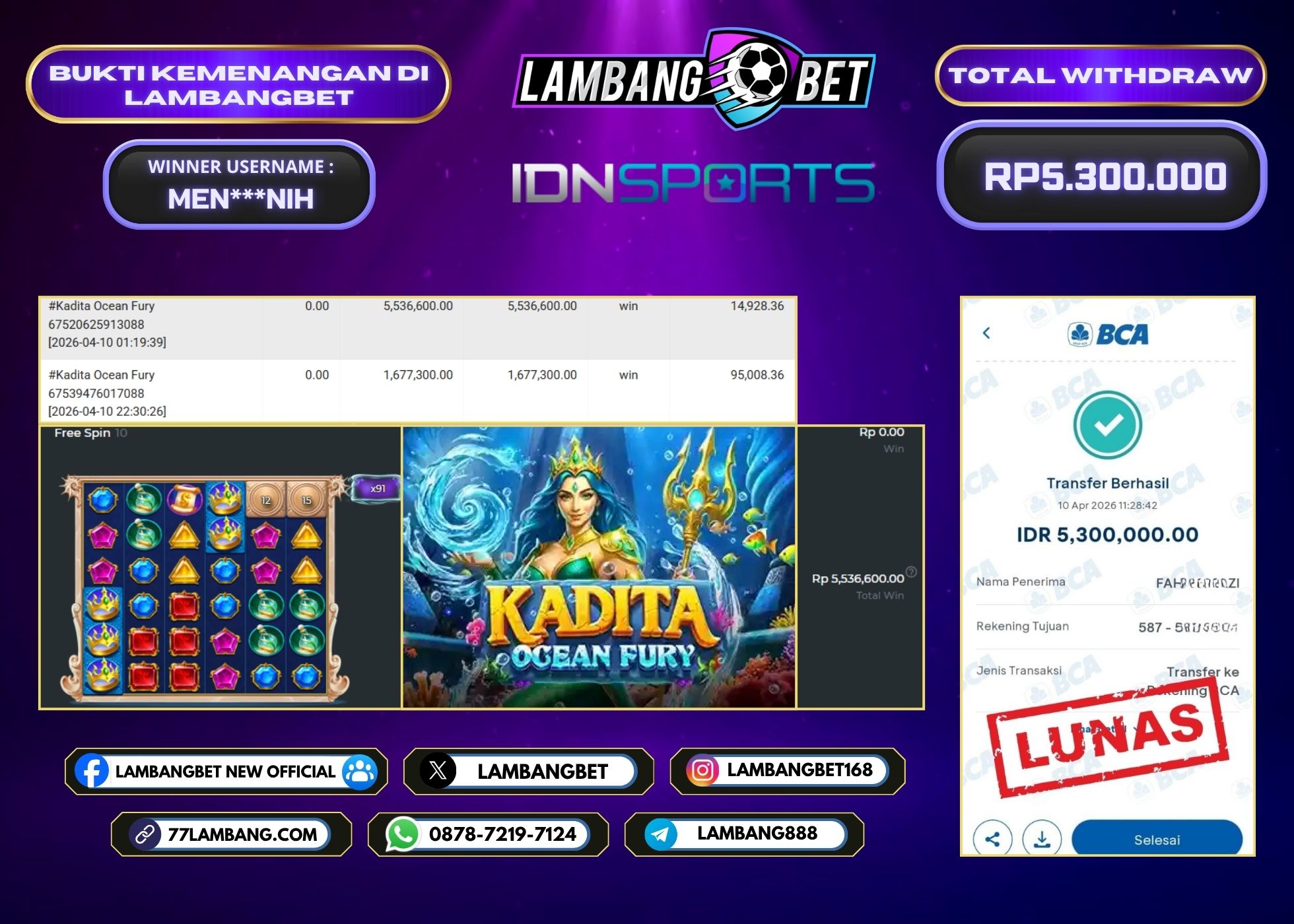 LAMBANGBET [10 APRIL 2026] JACKPOT SLOT Kadita Ocean Fury "Rp5.300.000" LUNAS