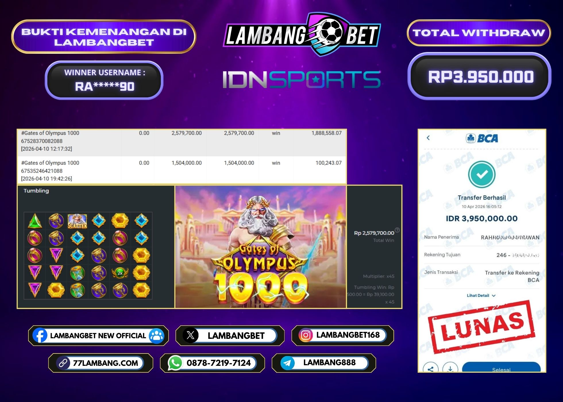 LAMBANGBET [10 APRIL 2026] JACKPOT SLOT Gates of Olympus 1000 "Rp3.950.000" LUNAS