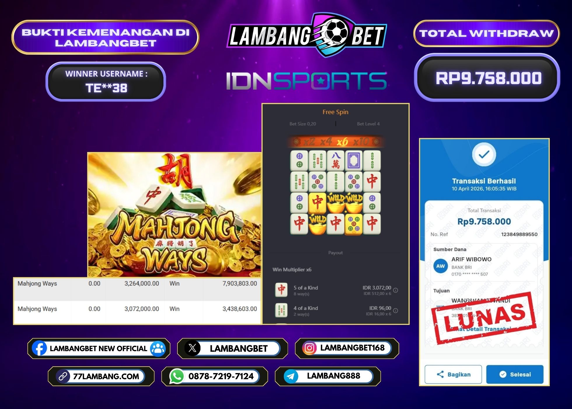 LAMBANGBET [10 APRIL 2026] JACKPOT SLOT Mahjong Ways "Rp9.758.000" LUNAS
