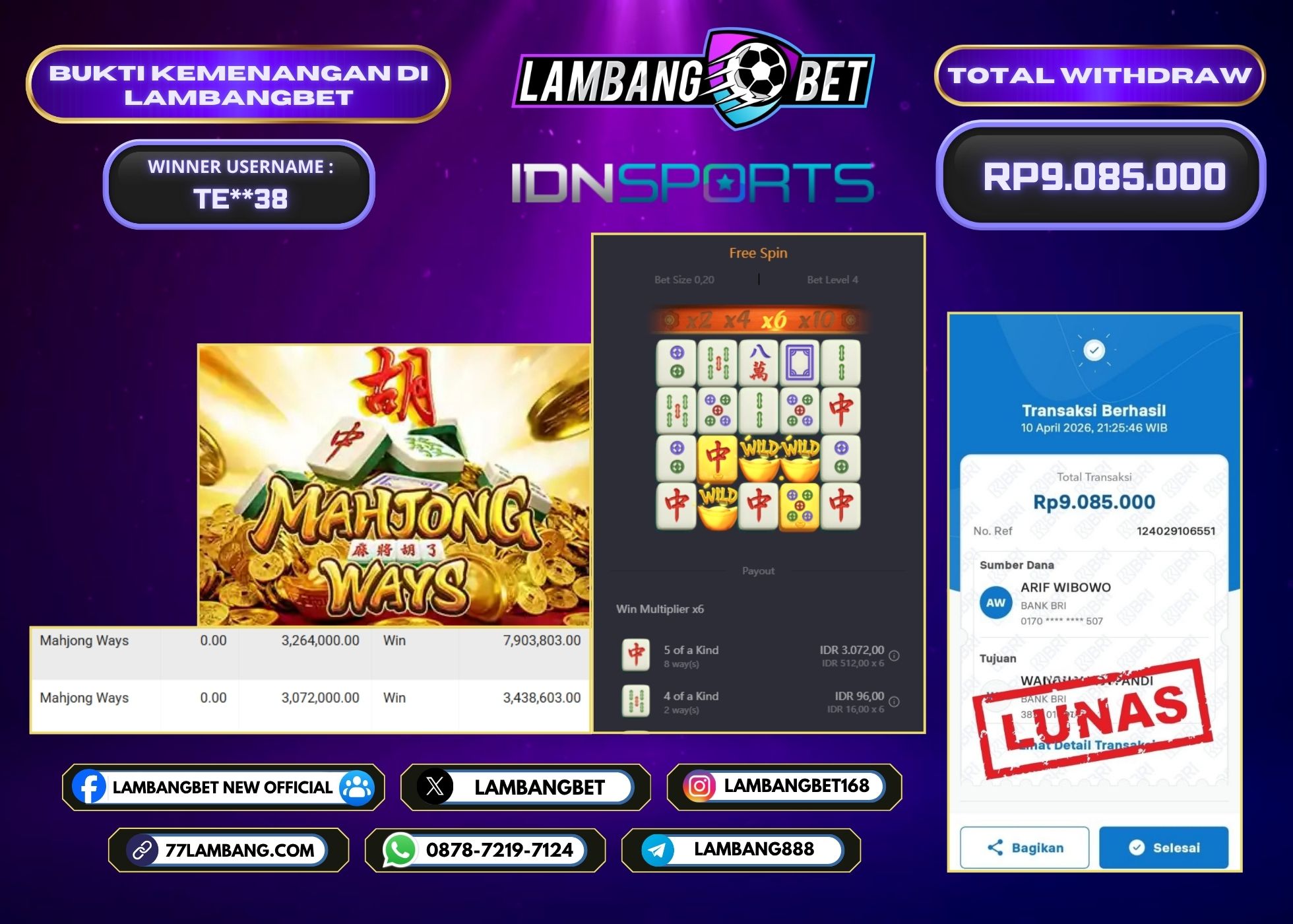 LAMBANGBET [10 APRIL 2026] JACKPOT SLOT Mahjong Ways "Rp9.085.000" LUNAS