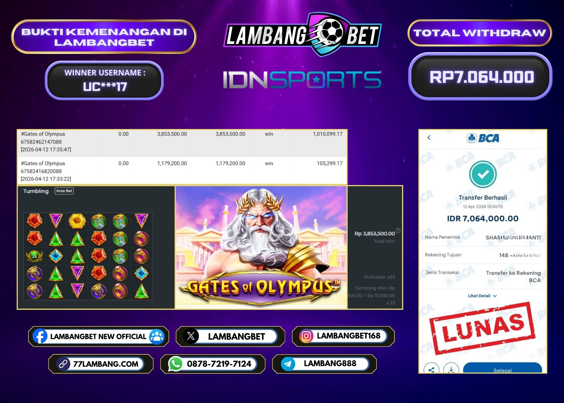 LAMBANGBET [12 APRIL 2026] JACKPOT SLOT Gates of Olympus "Rp7.064.000" LUNAS
