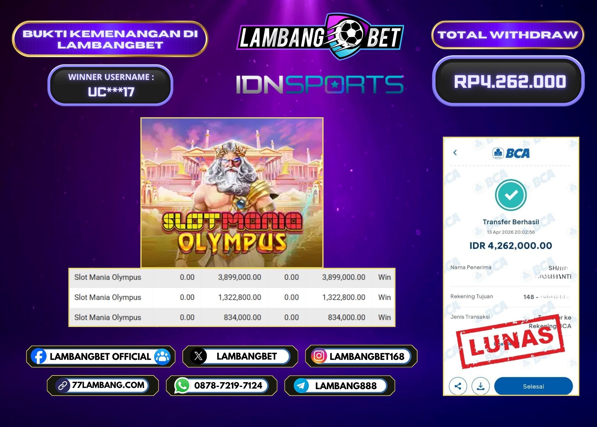 LAMBANGBET [13 APRIL 2026] JACKPOT SLOT Slot Mania Olympus "Rp4.262.000" LUNAS