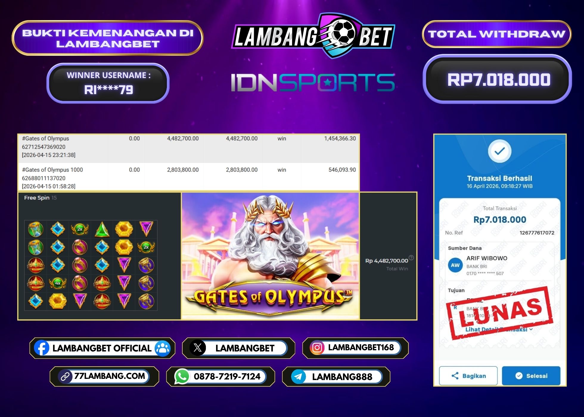 LAMBANGBET [16 APRIL 2026] JACKPOT SLOT Gates of Olympus "Rp7.018.000" LUNAS