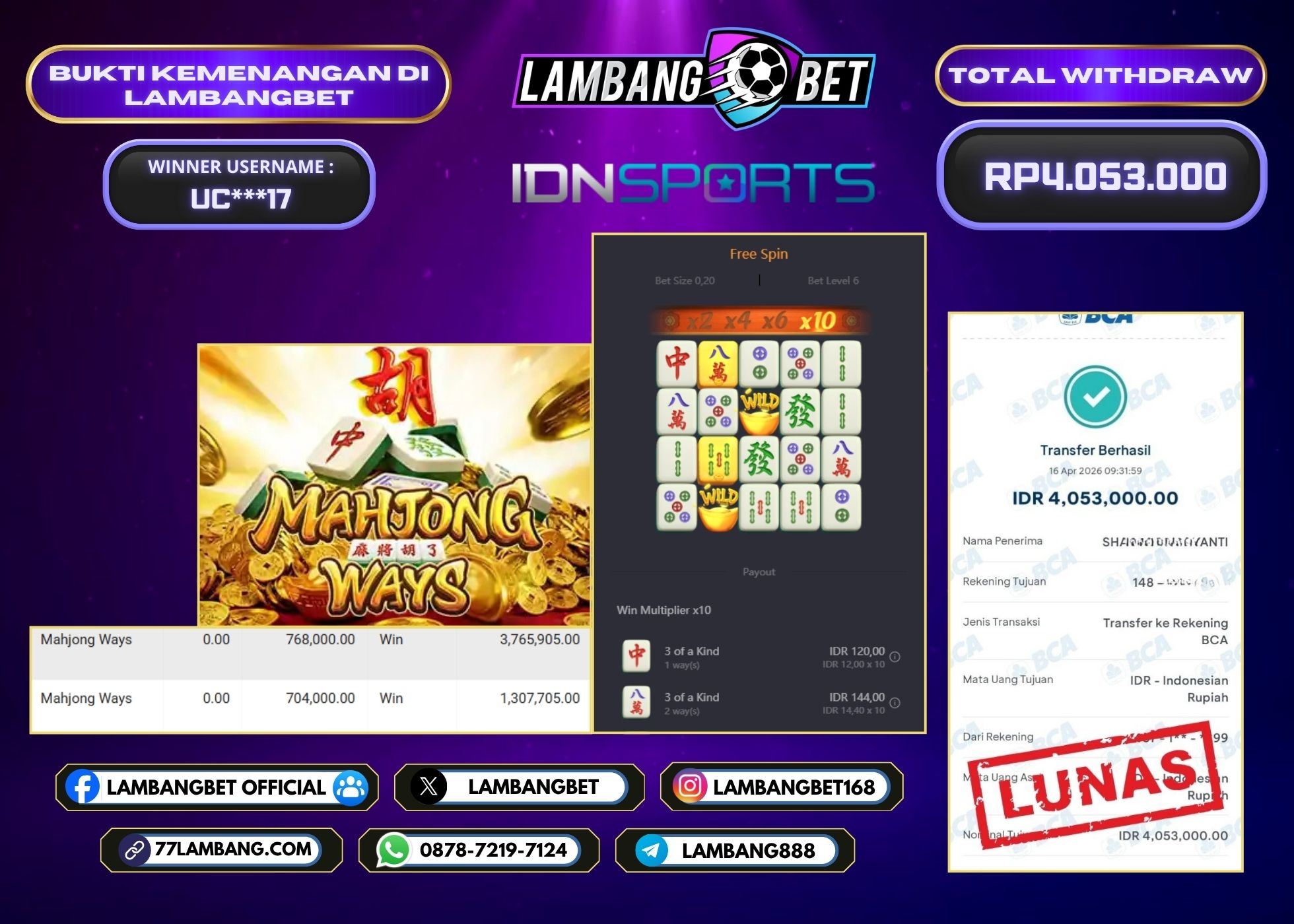LAMBANGBET [16 APRIL 2026] JACKPOT SLOT Mahjong Ways "Rp4.053.000" LUNAS
