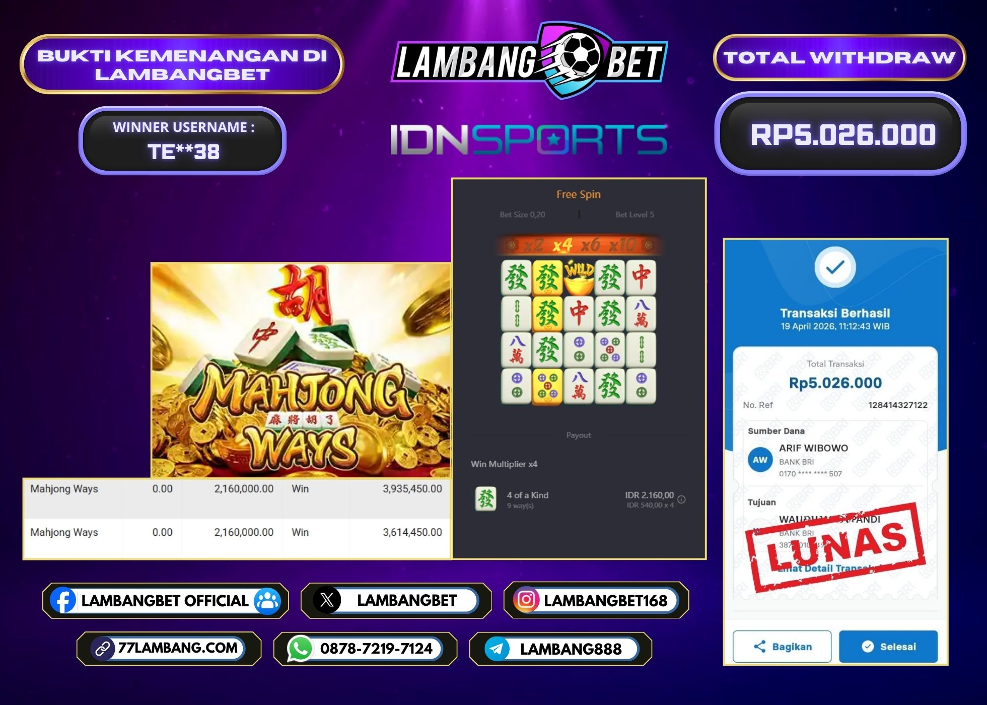 LAMBANGBET [19 APRIL 2026] JACKPOT SLOT Mahjong Ways "Rp5.026.000" LUNAS