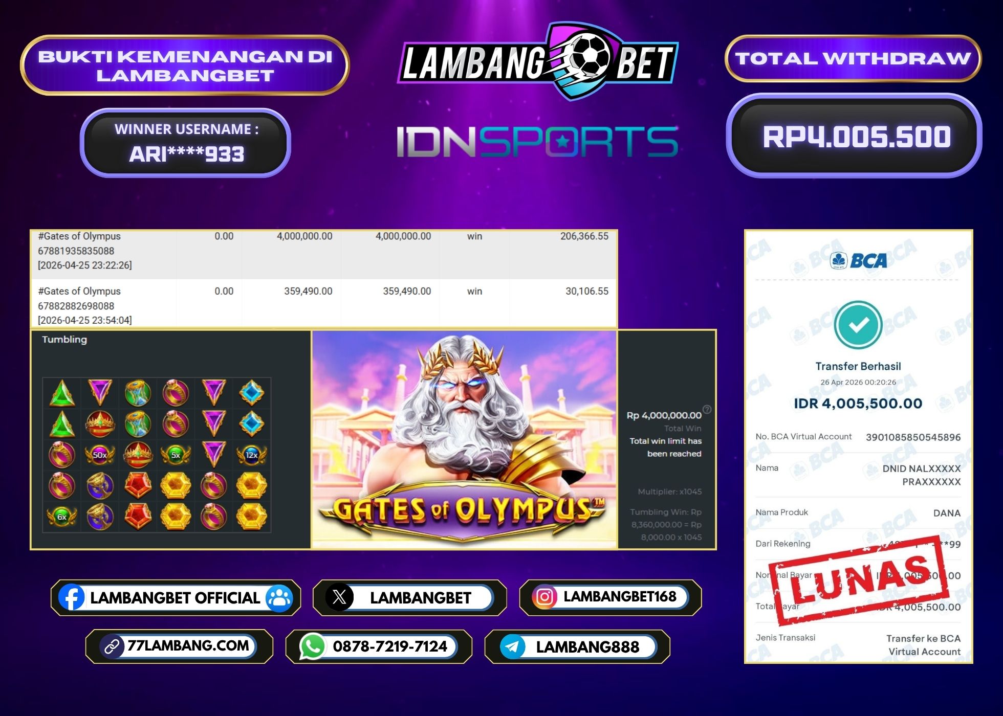LAMBANGBET [26 APRIL 2026] JACKPOT SLOT Gates of Olympus "Rp4.005.500" LUNAS
