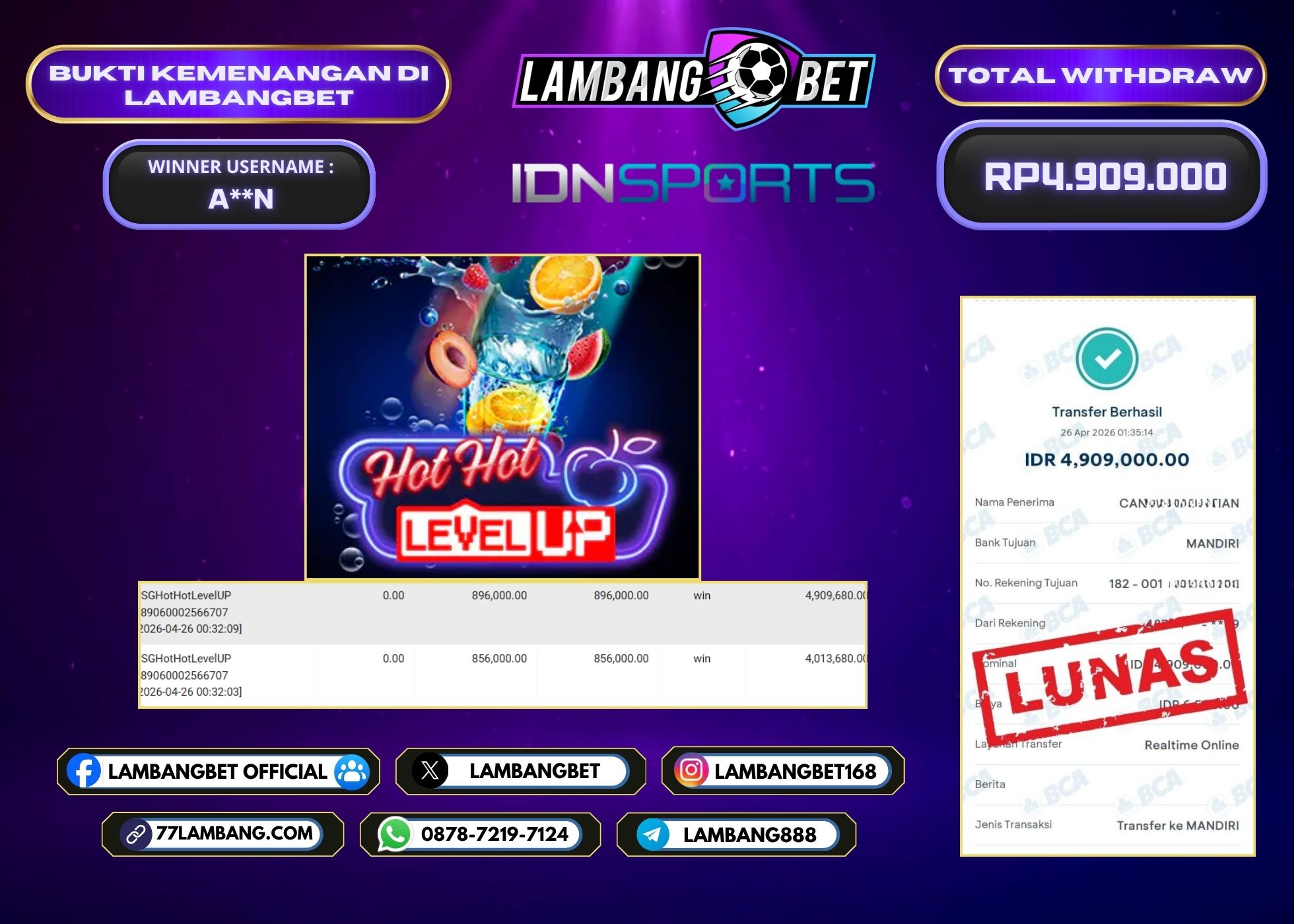 LAMBANGBET [26 APRIL 2026] JACKPOT SLOT SGHotHotLevelUP "Rp4.909.000" LUNAS