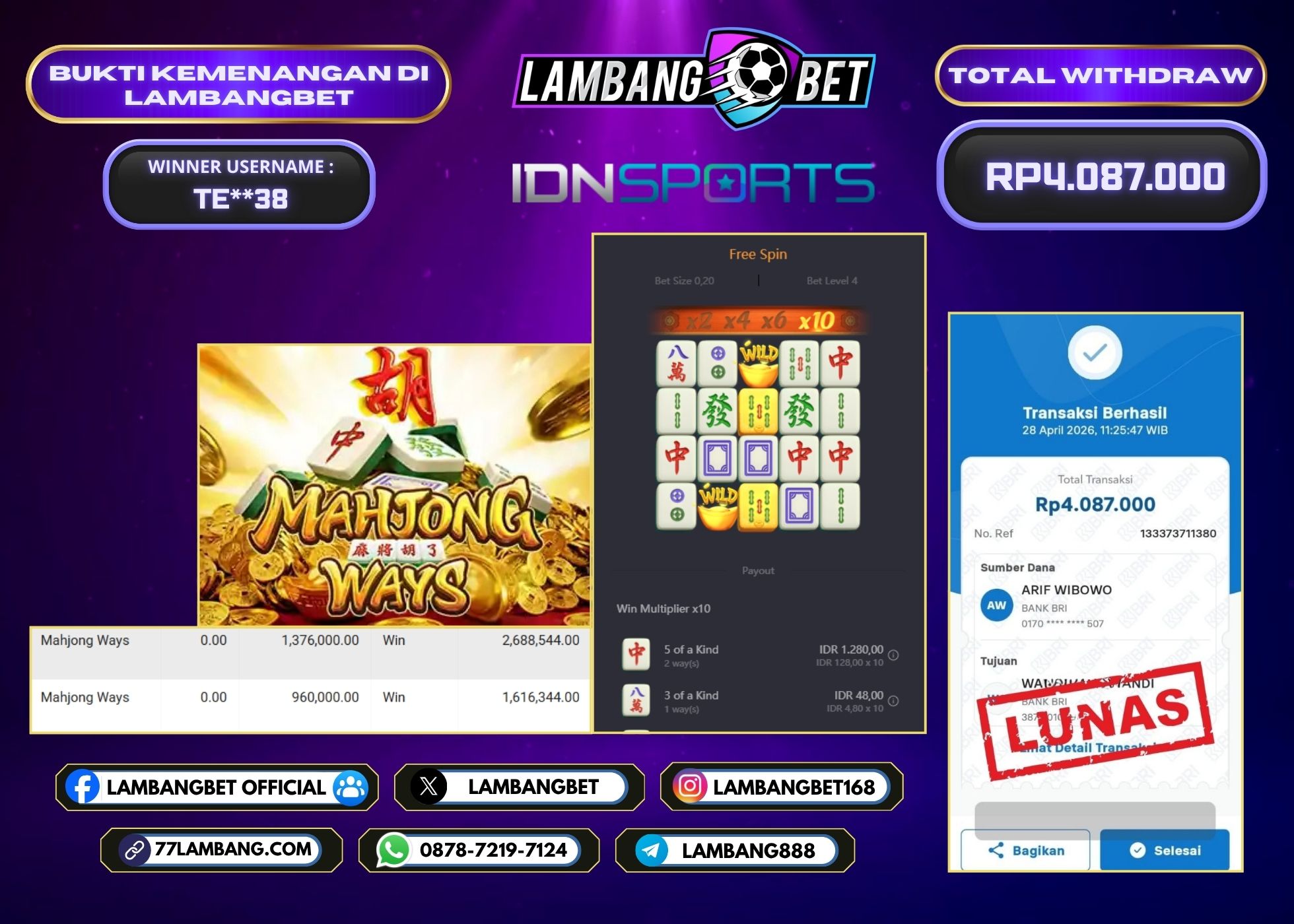 LAMBANGBET [28 APRIL 2026] JACKPOT SLOT Mahjong Ways "Rp4.087.000" LUNAS