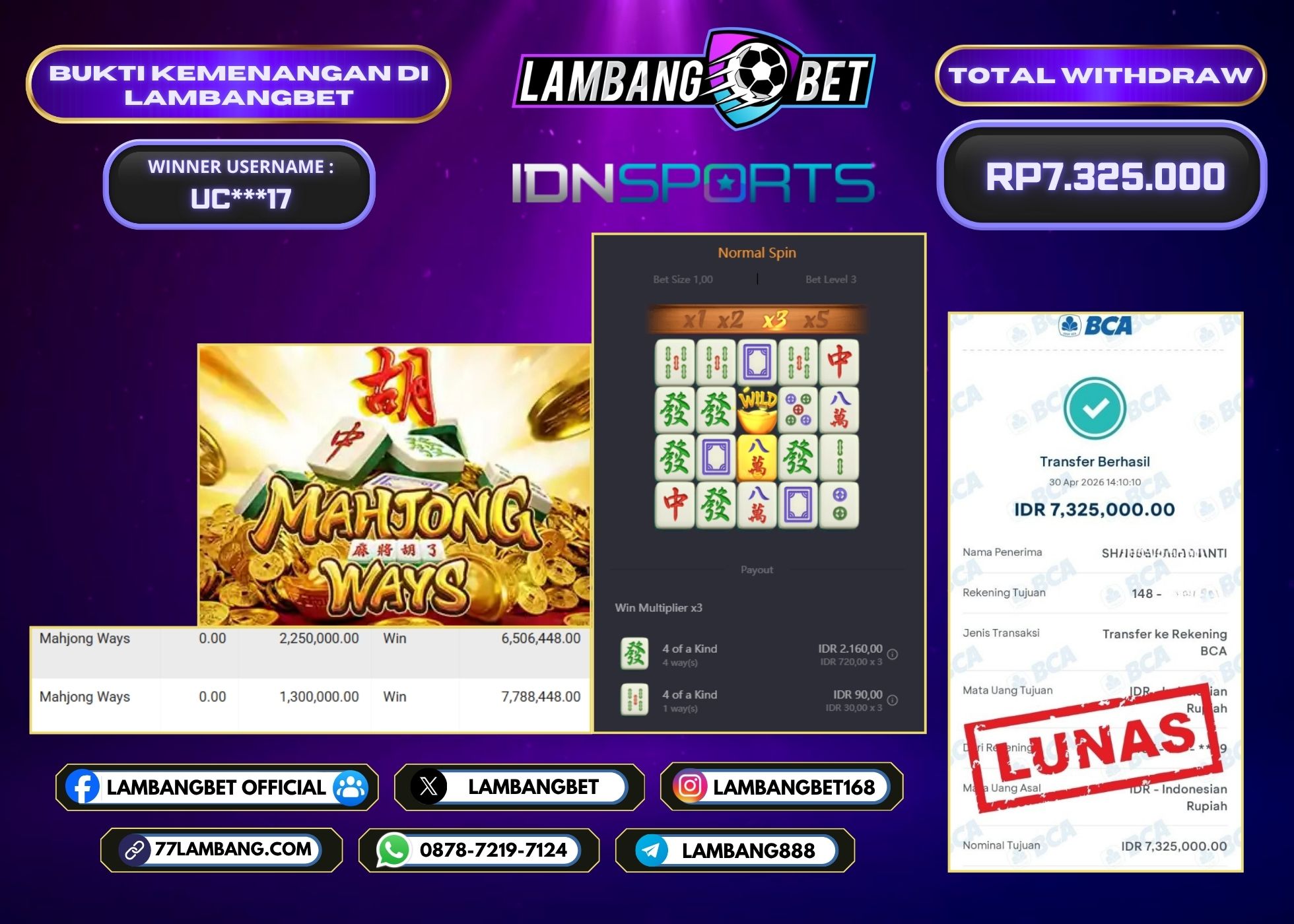 LAMBANGBET [30 APRIL 2026] JACKPOT SLOT Mahjong Ways "Rp7.325.000" LUNAS