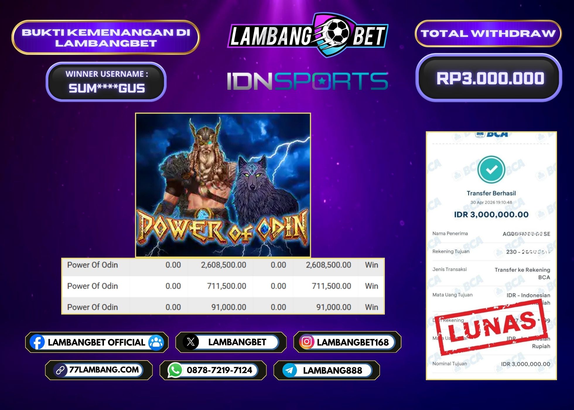 LAMBANGBET [30 APRIL 2026] JACKPOT SLOT Power of Odin "Rp3.000.000" LUNAS
