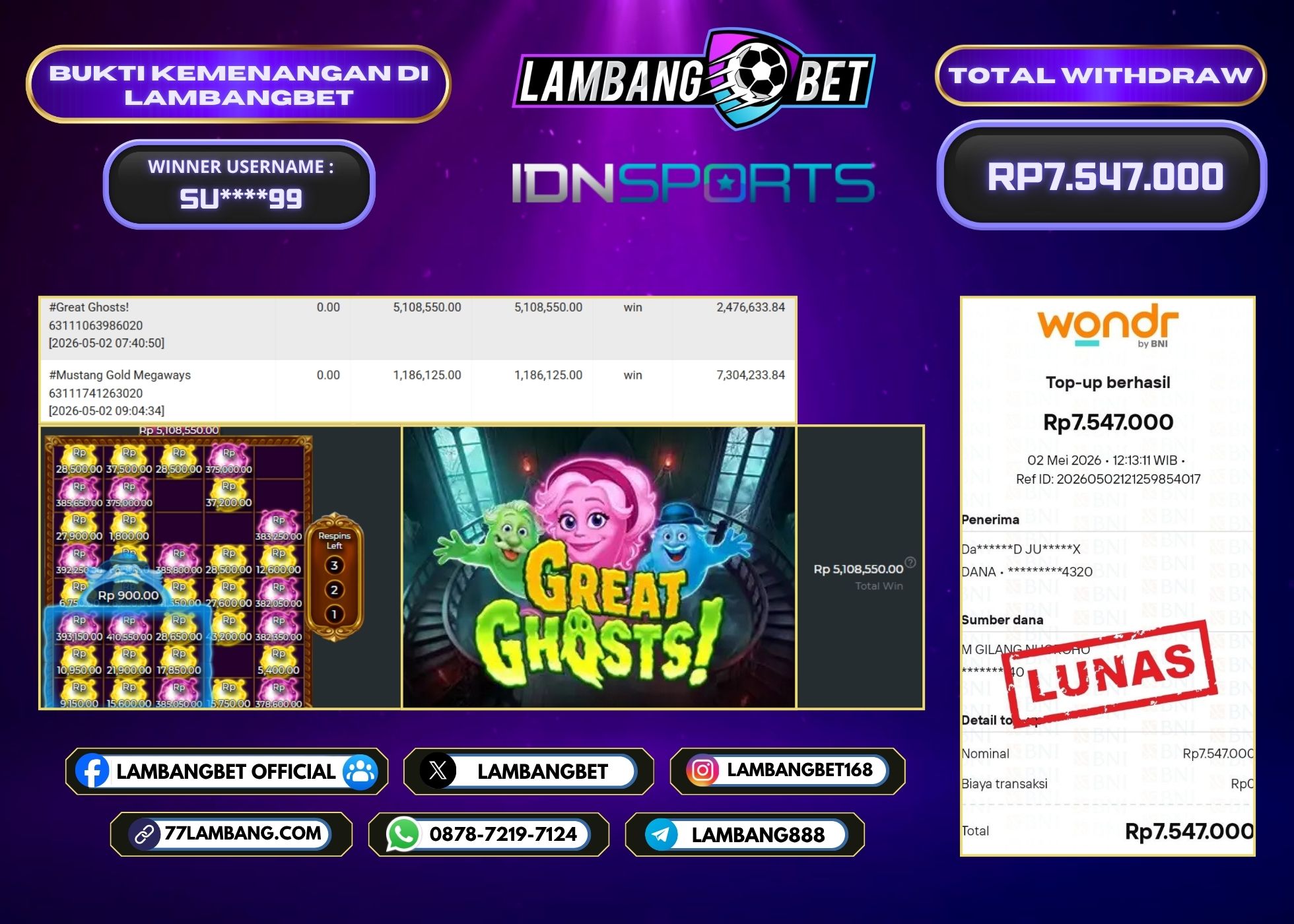 LAMBANGBET [2 MEI 2026] JACKPOT SLOT Great Ghosts! "Rp7.547.000" LUNAS