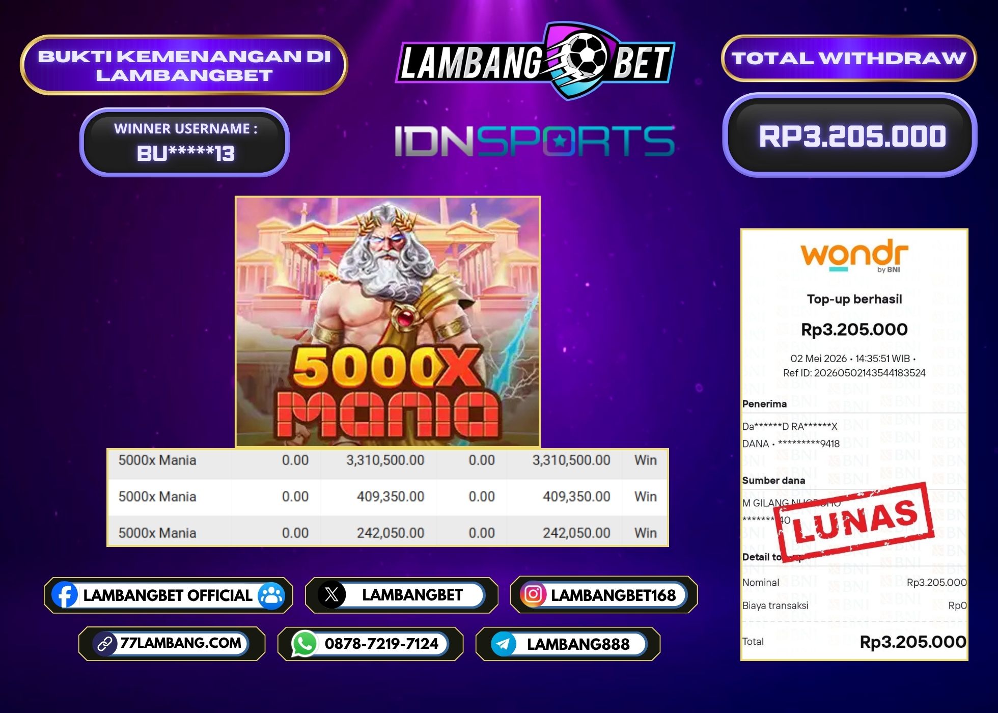 LAMBANGBET [2 MEI 2026] JACKPOT SLOT 5000x Mania "Rp3.205.000" LUNAS