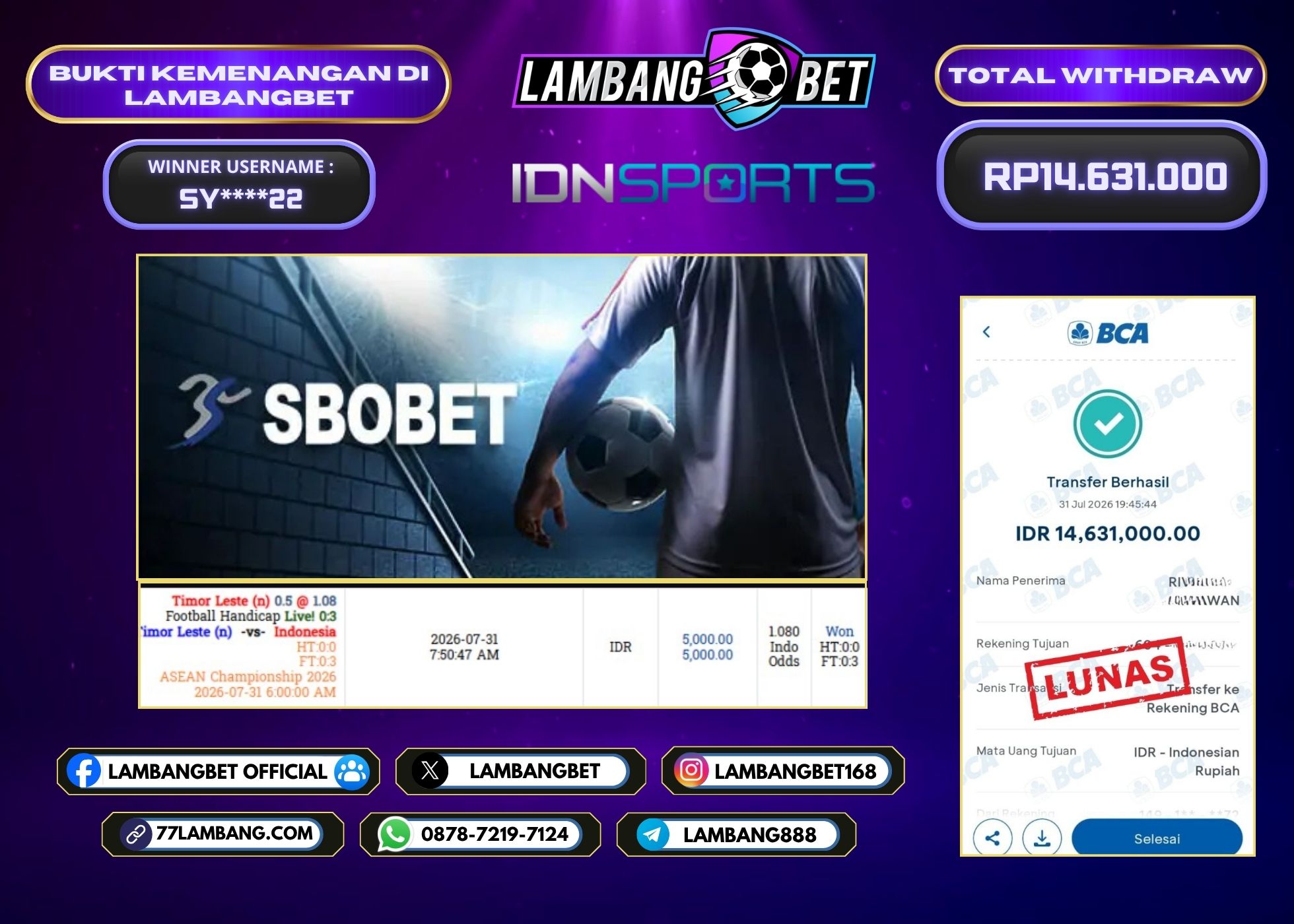 LAMBANGBET [31 JULI 2026] JACKPOT SBO Sport Seamless "Rp14.631.000" LUNAS