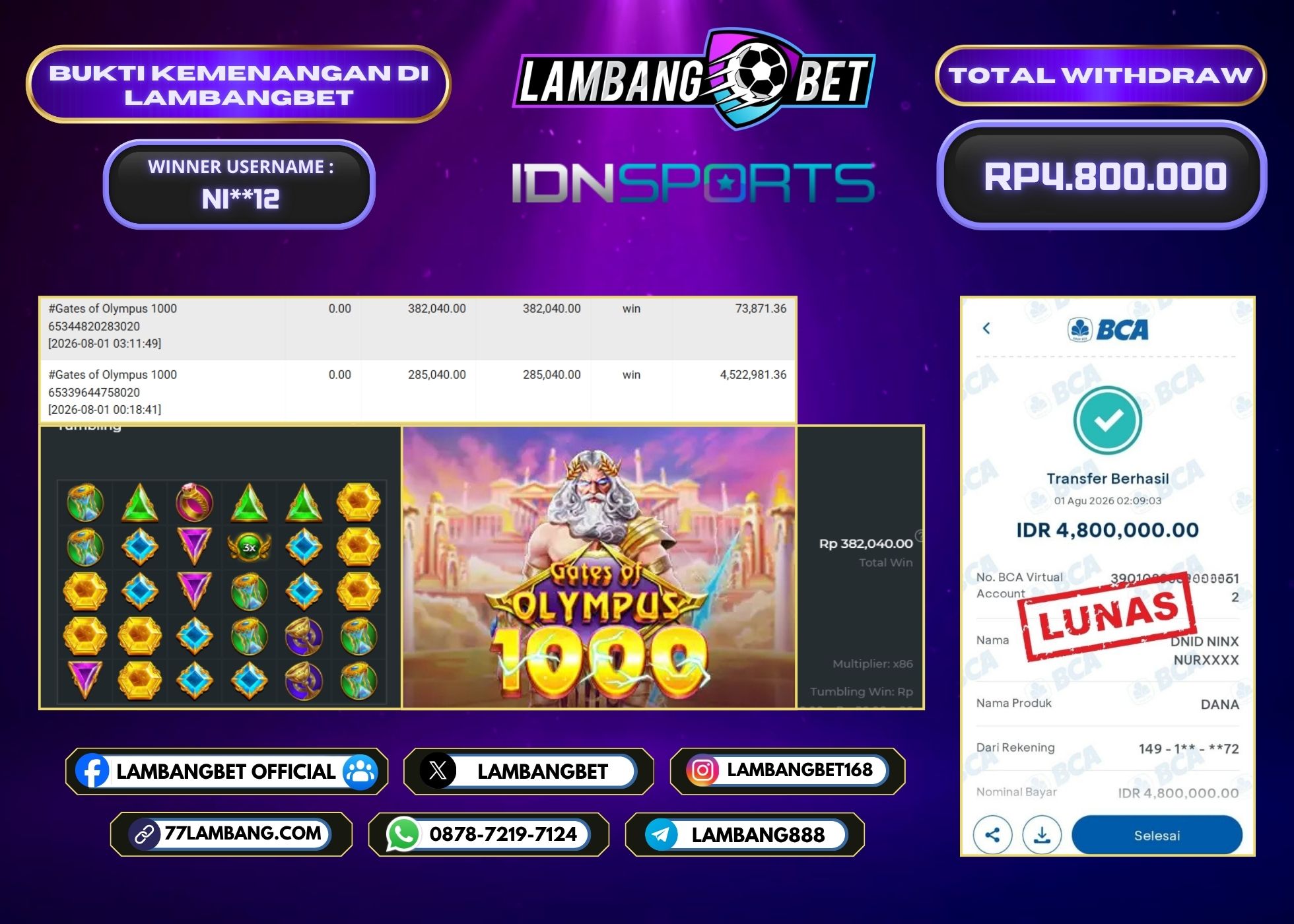 LAMBANGBET [1 AGUSTUS 2026] JACKPOT SLOT Gates of Olympus 1000 "Rp4.800.000" LUNAS