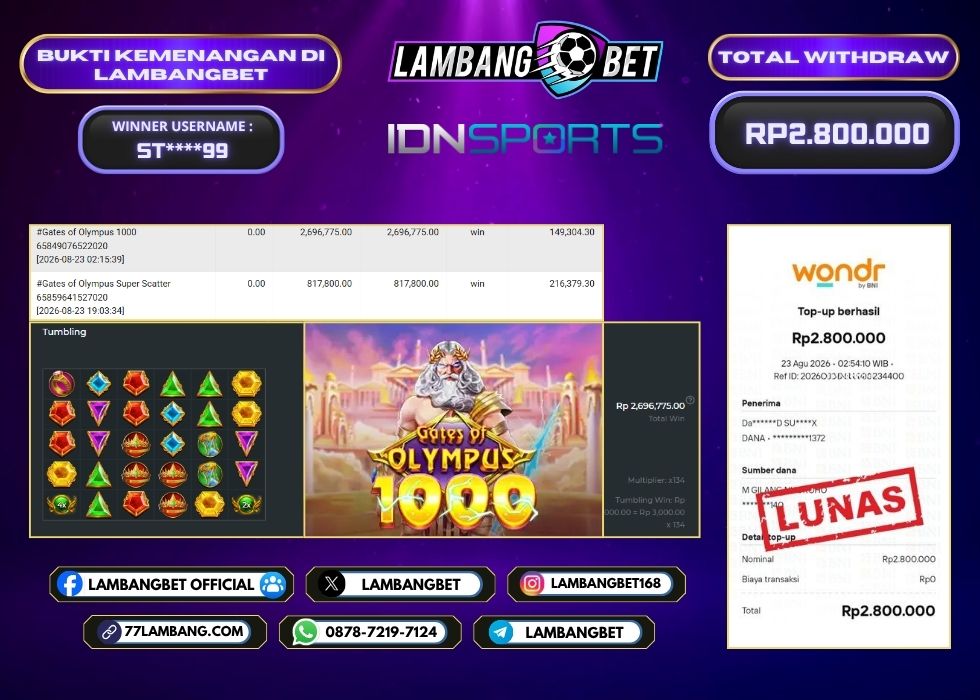 LAMBANGBET [23 AGUSTUS 2026] JACKPOT SLOT Gates of Olympus 1000 "Rp2.800.000" LUNAS