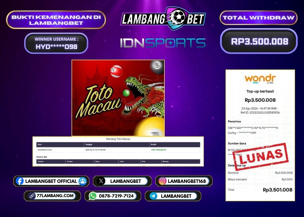 LAMBANGBET [23 AGUSTUS 2026] JACKPOT TOGEL Toto Macau "Rp3,500,008" LUNAS