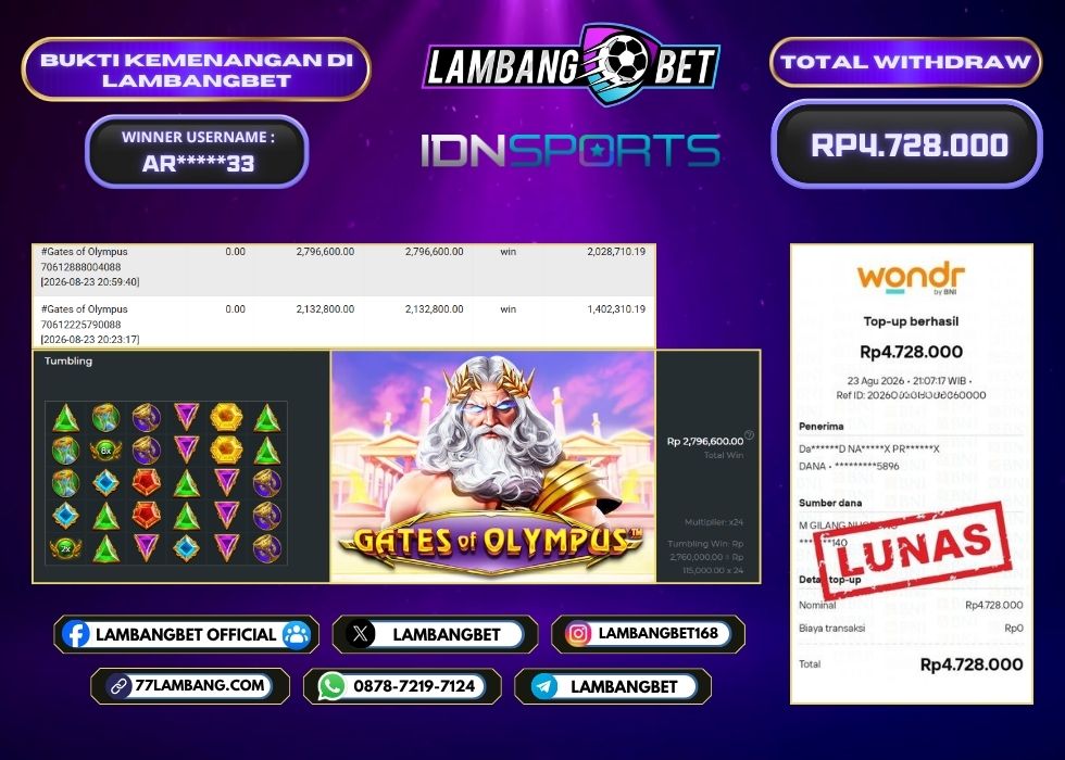 LAMBANGBET [23 AGUSTUS 2026] JACKPOT SLOT Gates of Olympus "Rp4.728.000" LUNAS