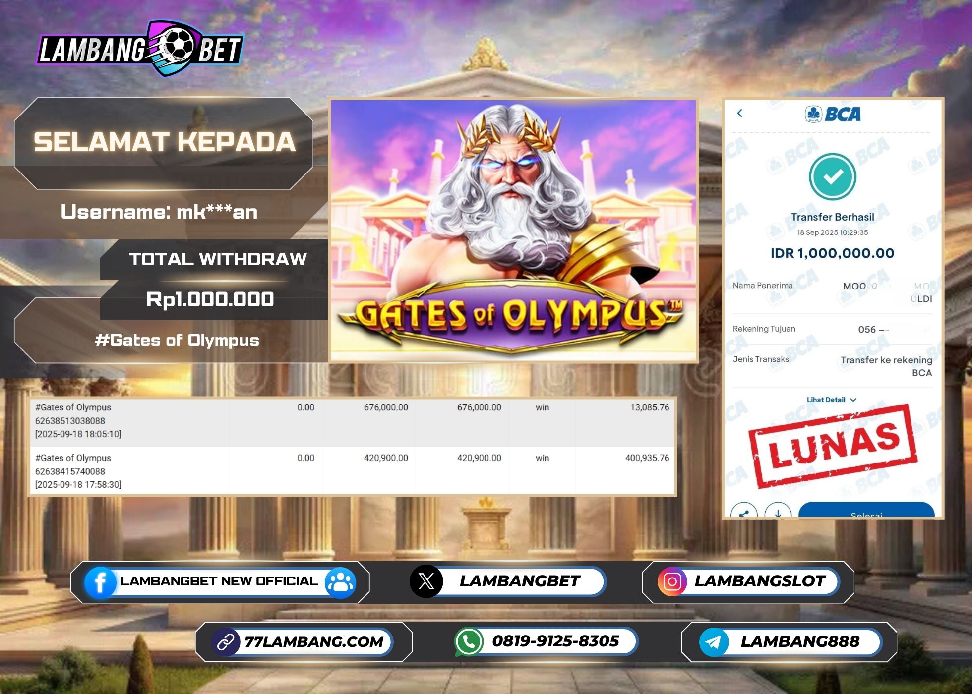 LAMBANGBET [18 SEPTEMBER 2025] JACKPOT SLOT Gates of Olympus "Rp1.000.000" LUNAS [2]
