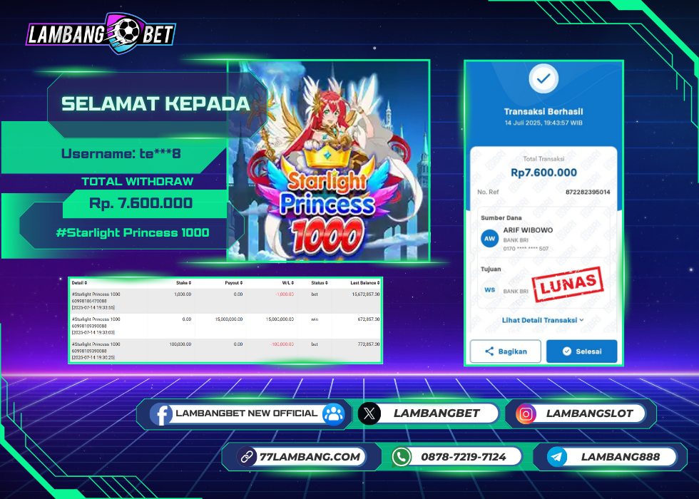 LAMBANGBET [14 JULY 2025] JACKPOT SLOT STARLIGHT PRINCESS 1000 "Rp7.600.000" LUNAS